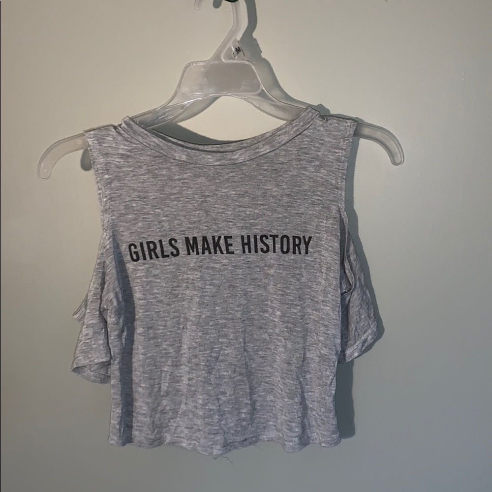 Grey “Girls make history” cold shoulder crop top